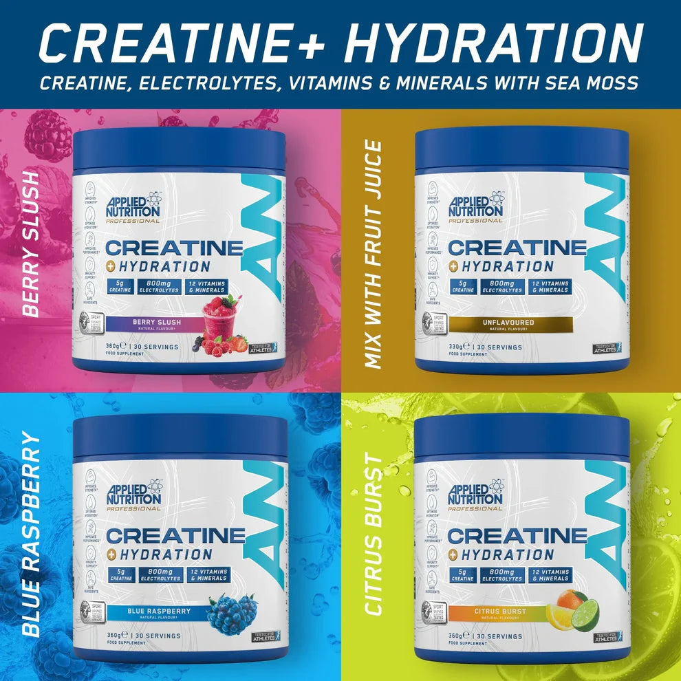 Applied Nutrition Creatine Monohydrate + Hydration 360g (Choice of Flavours) - Evolution Supplements - Applied Nutrition Creatine Monohydrate + Hydration Multi Banner