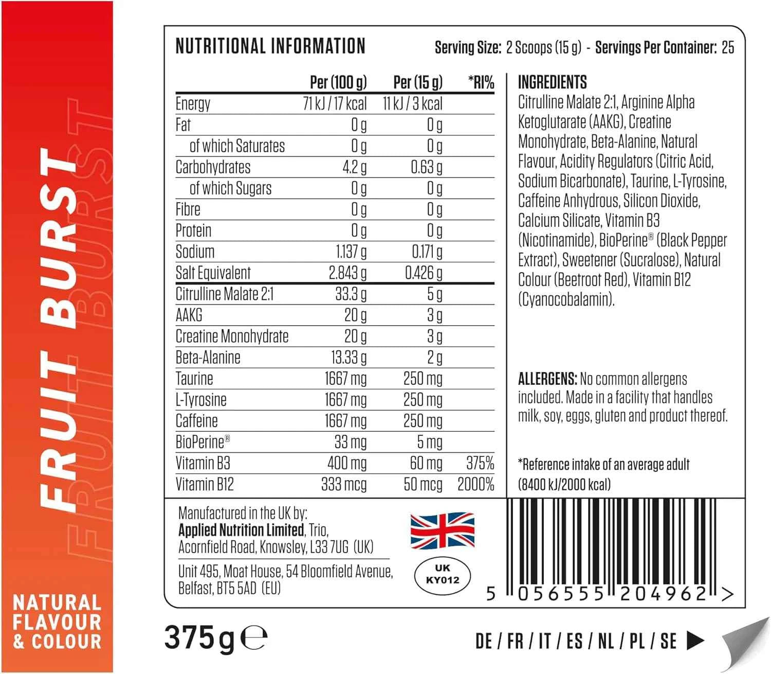 Applied Nutrition Preworkout Pump 3G - Pre Workout with Caffeine - Variety of Flavours