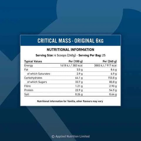 Applied Nutrition Critical Mass Original 6kg High Calorie Gainer (25 Servings) - Variety of Flavours
