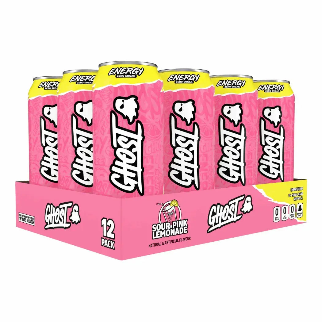 GHOST Energy Sour Pink Lemonade 12-can display tray