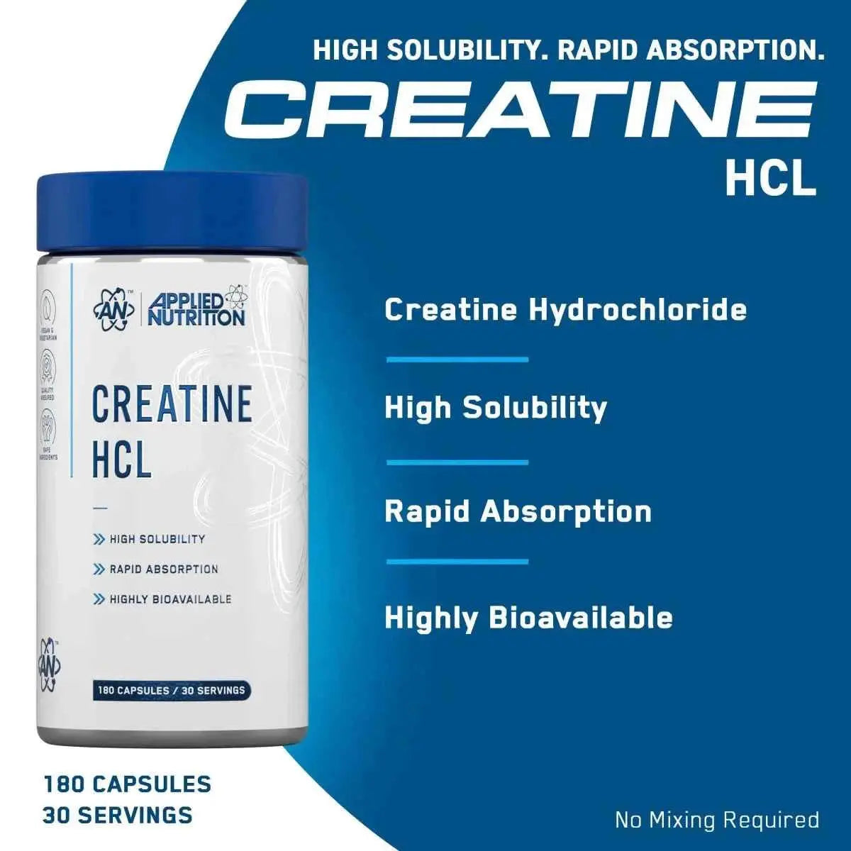 Applied Nutrition Creatine HCL 180 capsules bottle with product features graphic