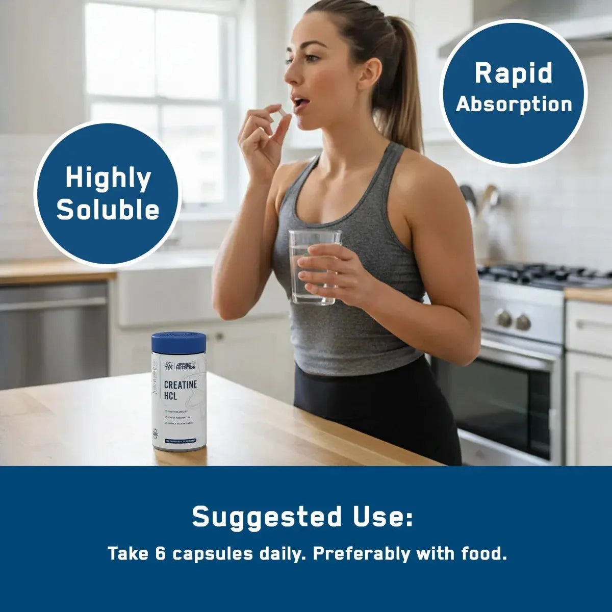 Woman taking an Applied Nutrition Creatine HCL capsule with suggested use graphic