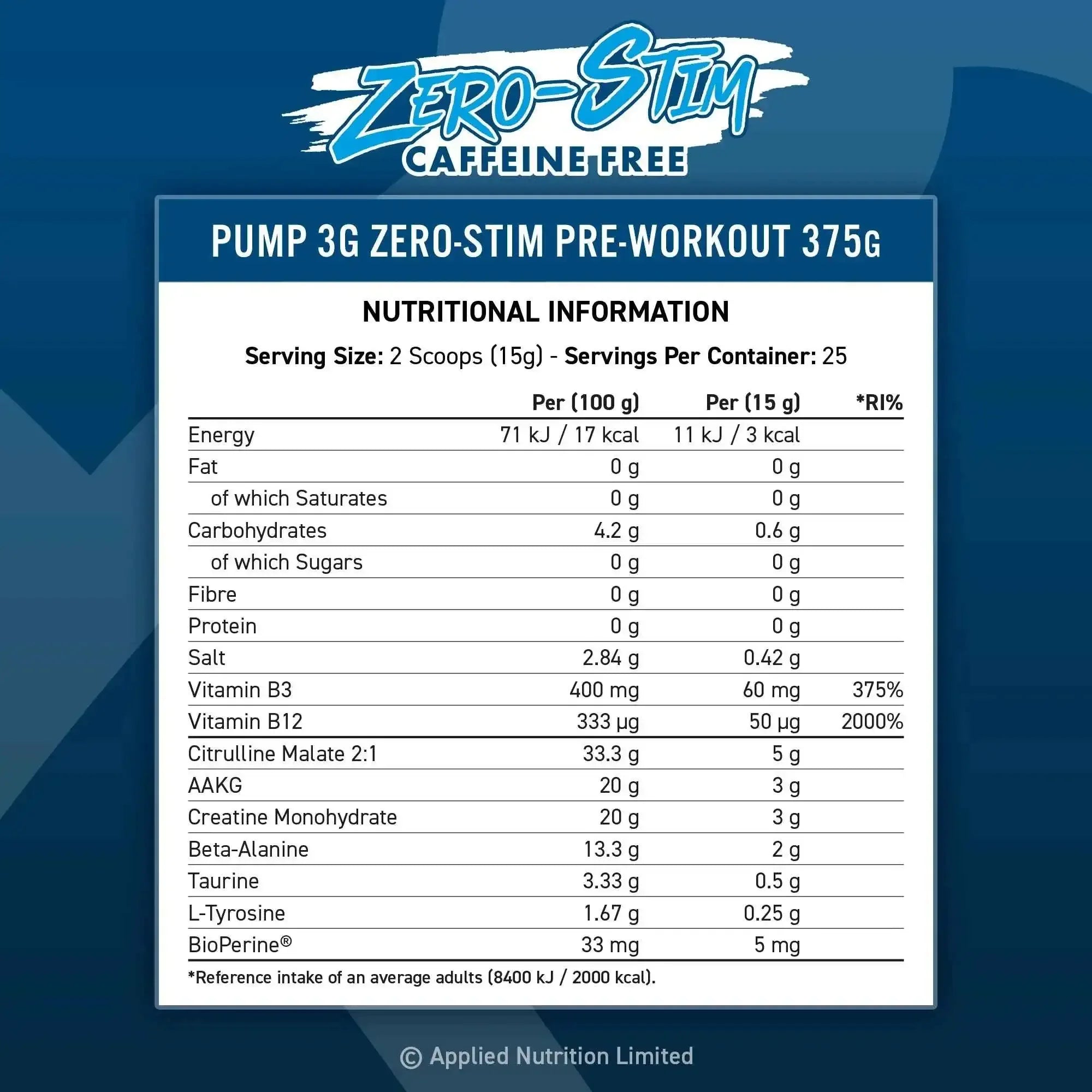 Applied Nutrition Preworkout Pump 3G Zero Stim - Caffeine Free Pre-Workout - Variety of Flavours