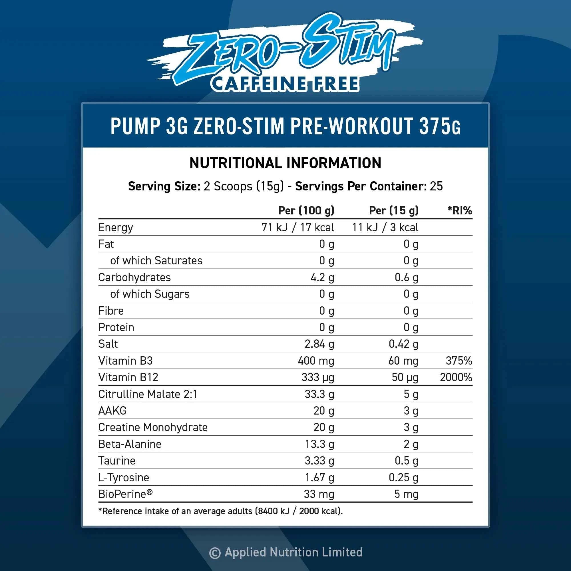 Applied Nutrition Preworkout Pump 3G Zero Stim - Caffeine Free Pre-Workout - Variety of Flavours