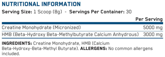 Applied Nutrition Creatine + HMB 240g nutritional information cropped