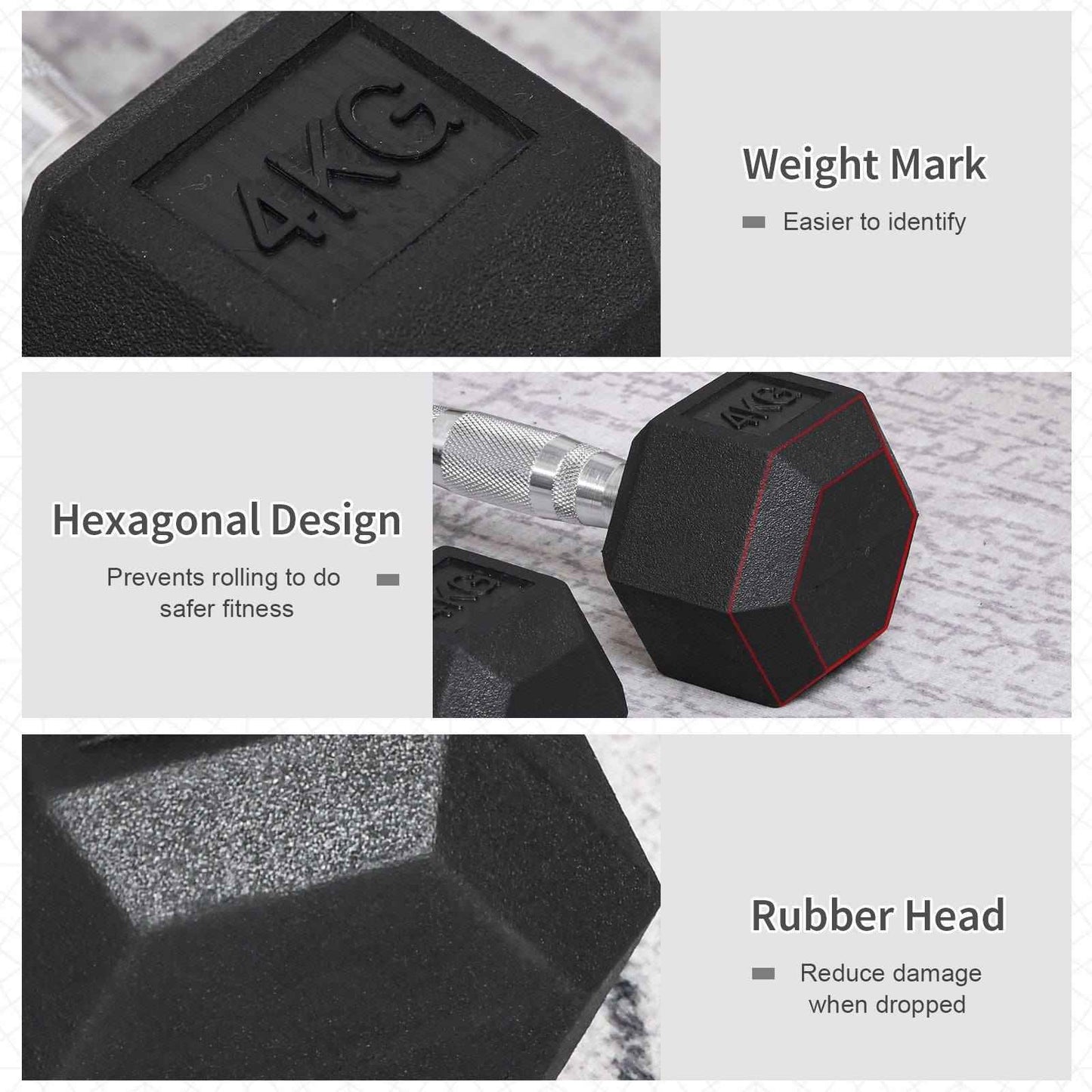 Homcom 2x4kg Rubber Dumbbell Sports Hex Weights Sets Home Gym Fitness Hexagonal Dumbbells Kit Weight Lifting Exercise