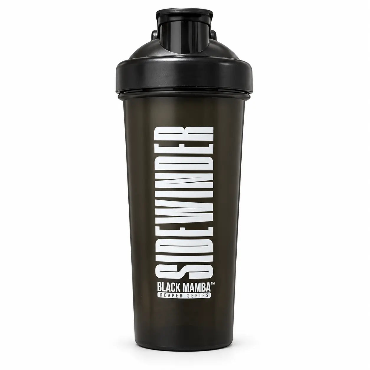 Black Mamba Sidewinder shaker with black lid and white branding on a white background