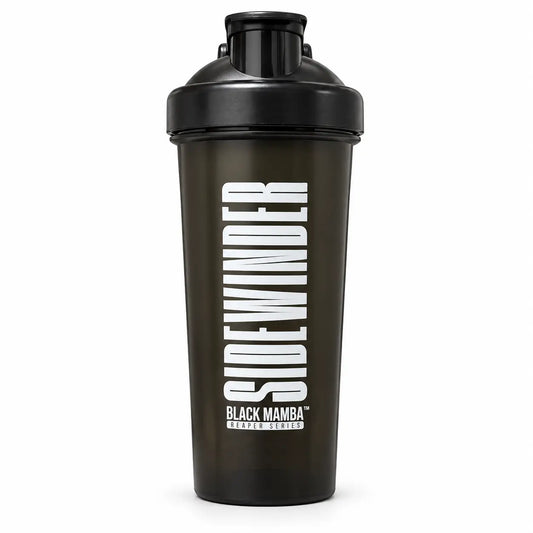 Black Mamba Sidewinder shaker with black lid and white branding on a white background
