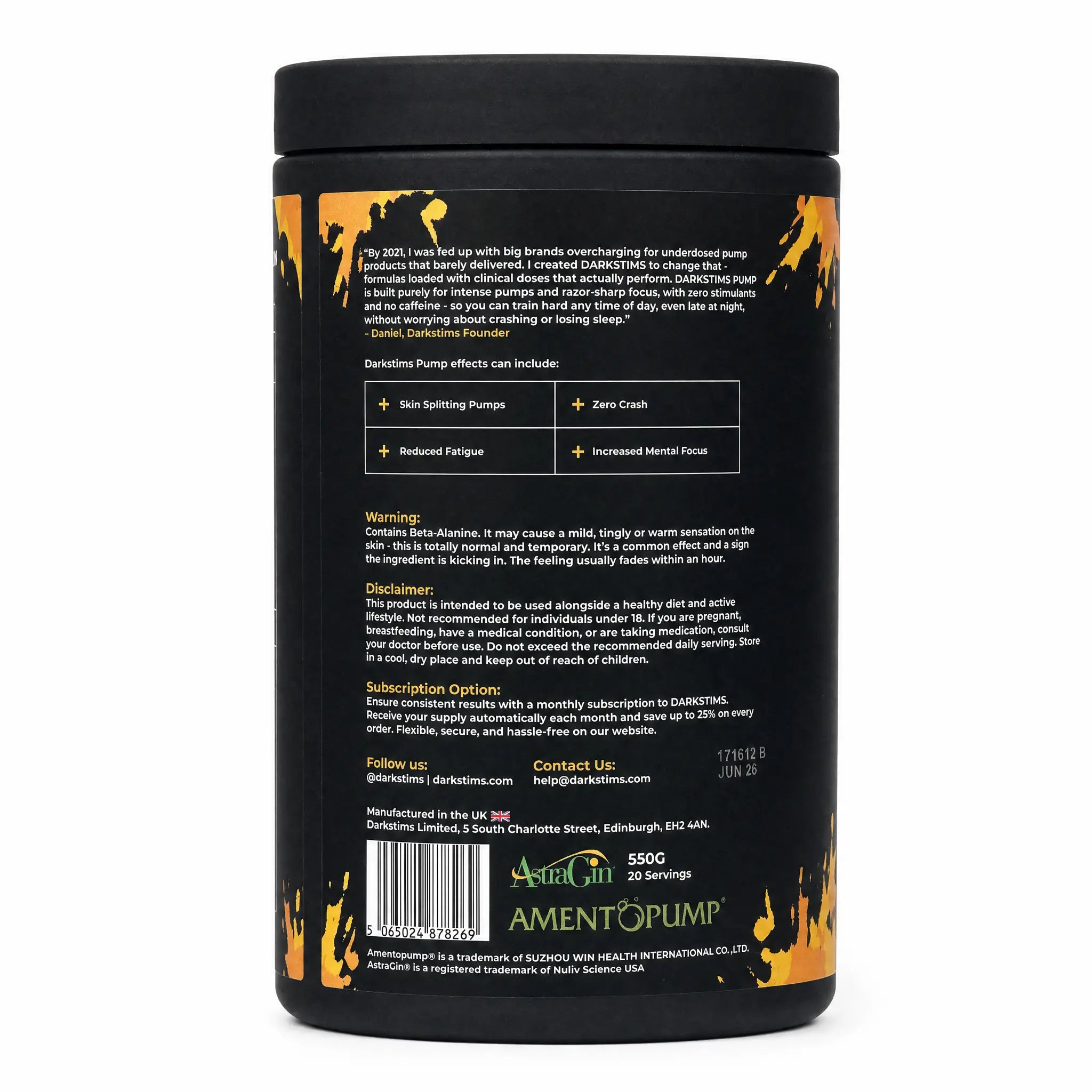Darkstims Pump V2 rear label showing 550g, 20 servings and product warnings