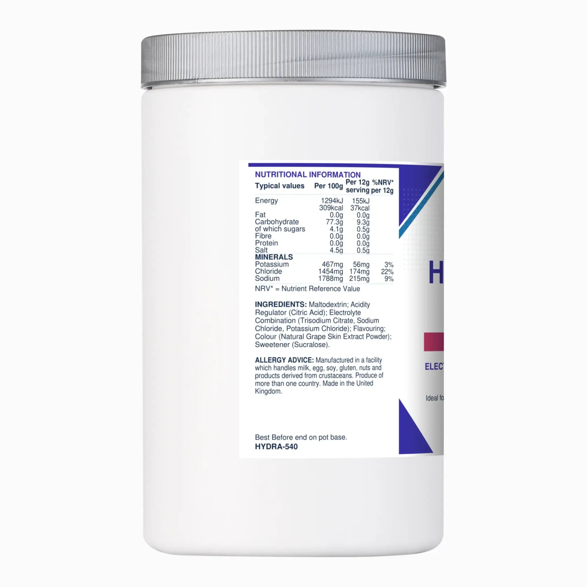 Evolution Supplements Hydrate 540g nutritional information, ingredients and allergy advice