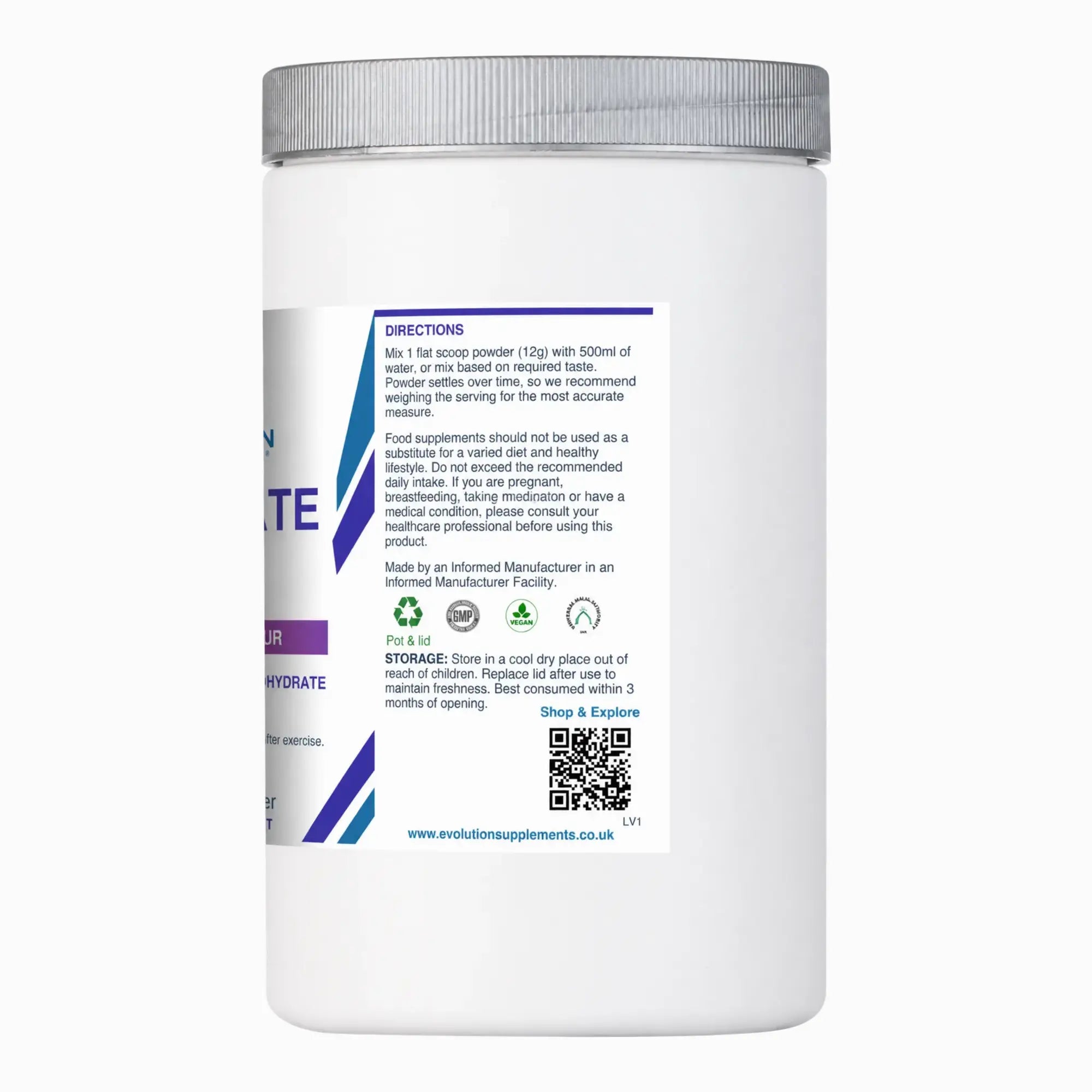Evolution Supplements Hydrate 540g directions for use, storage and warnings