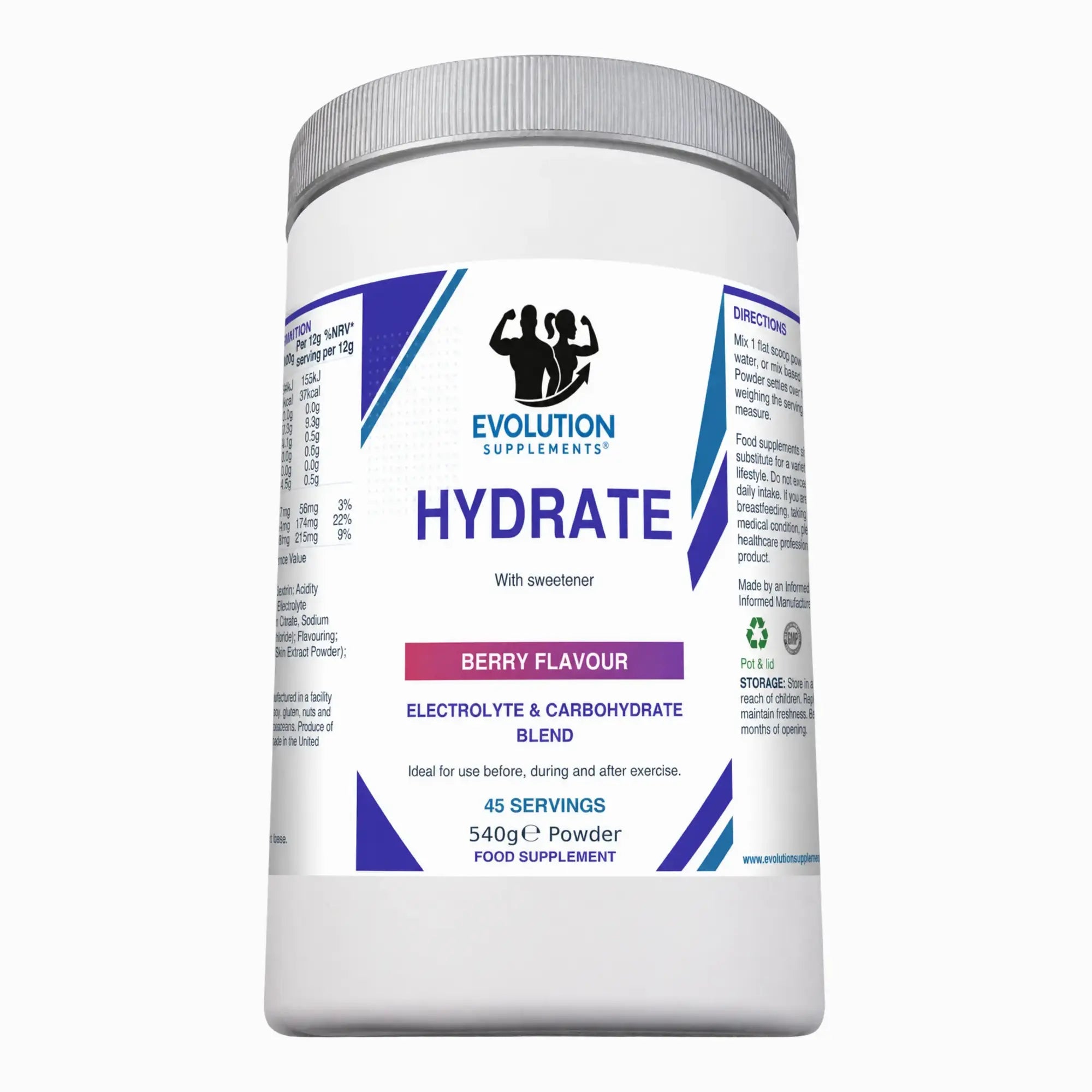 Evolution Supplements Hydrate Berry 540g angled full tub