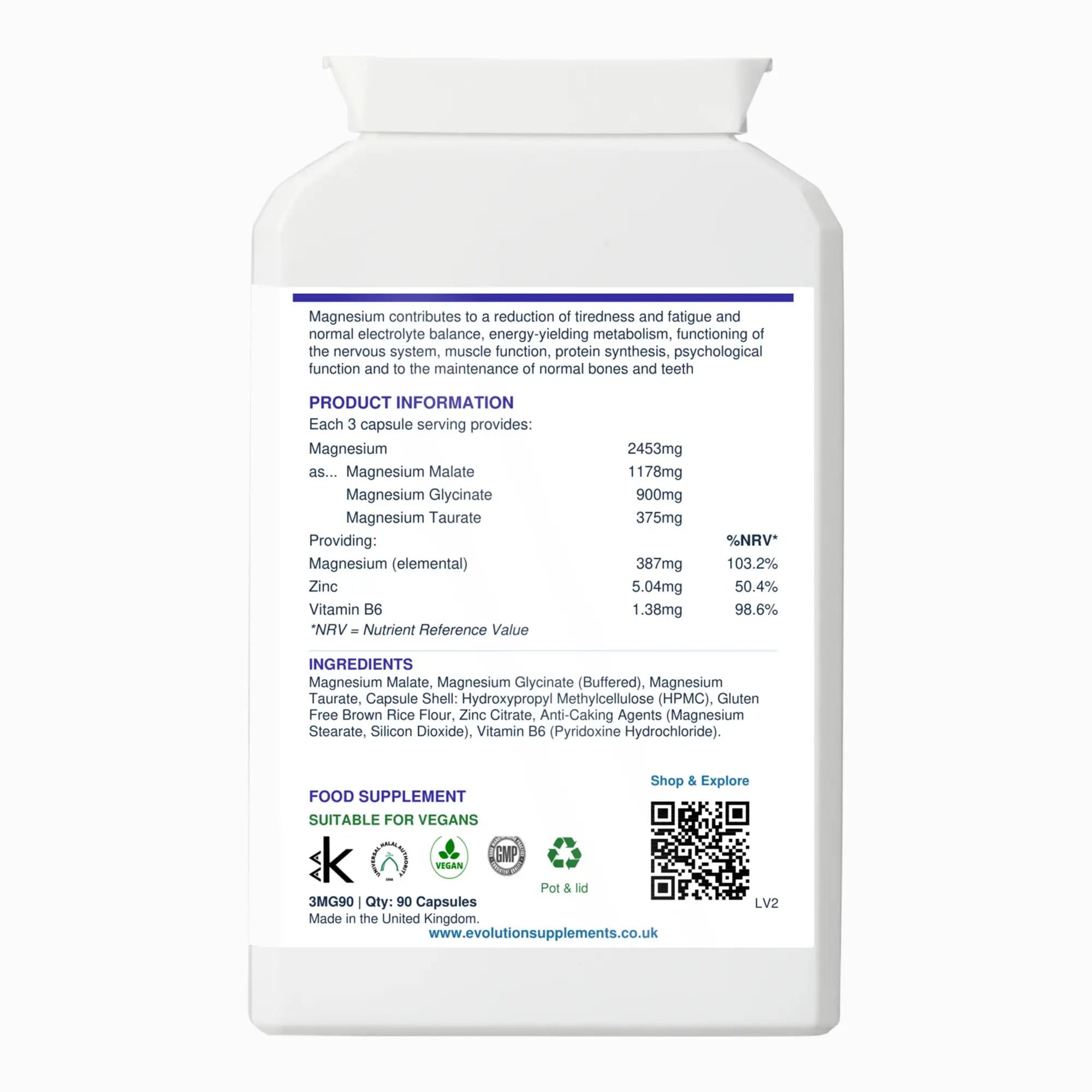 Evolution Supplements Triple Magnesium Complex nutrition and ingredients, 387mg elemental magnesium per 3 capsules