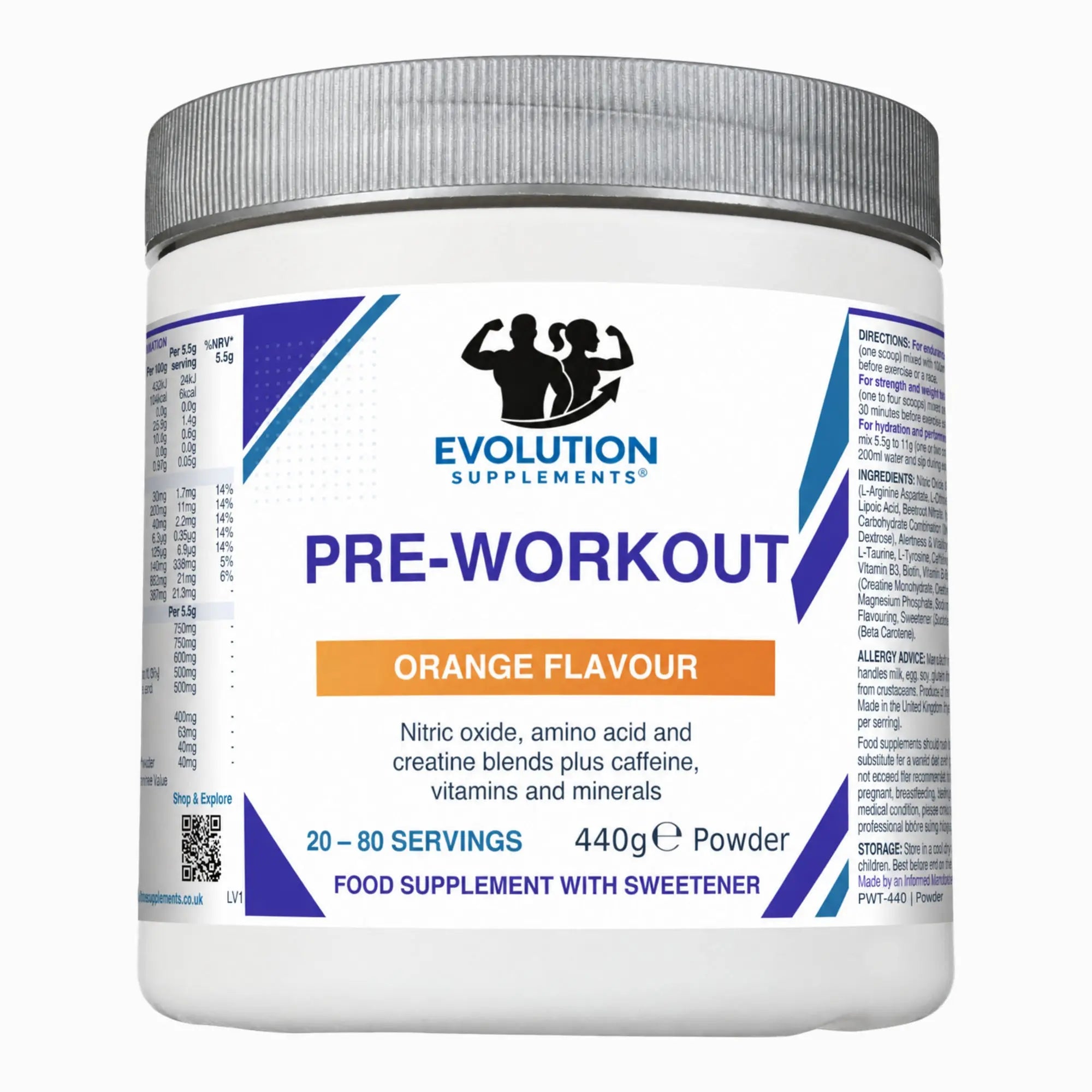 Evolution Supplements Pre-Workout Orange 440g angled full tub