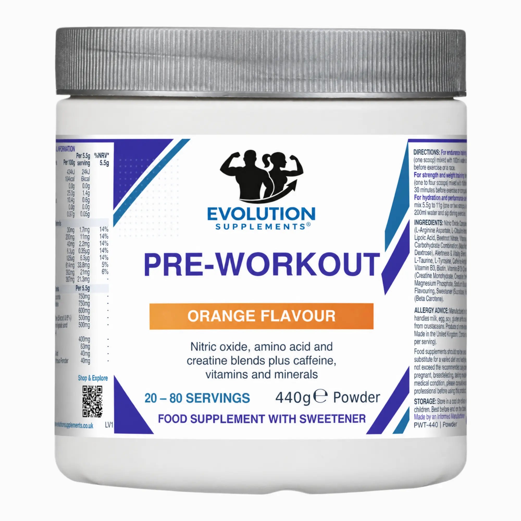 Evolution Supplements Pre-Workout Orange 440g full tub, 20–80 servings