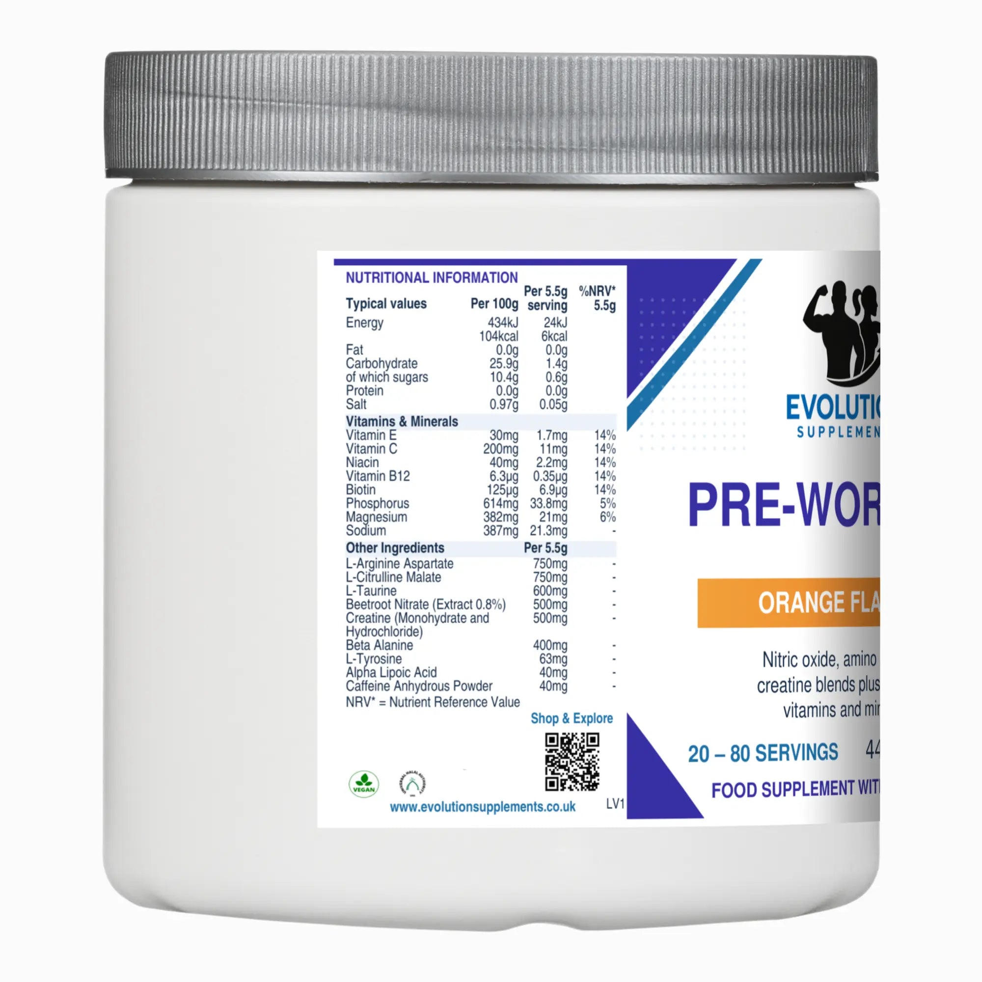 Evolution Supplements Pre-Workout 440g nutrition and active ingredients