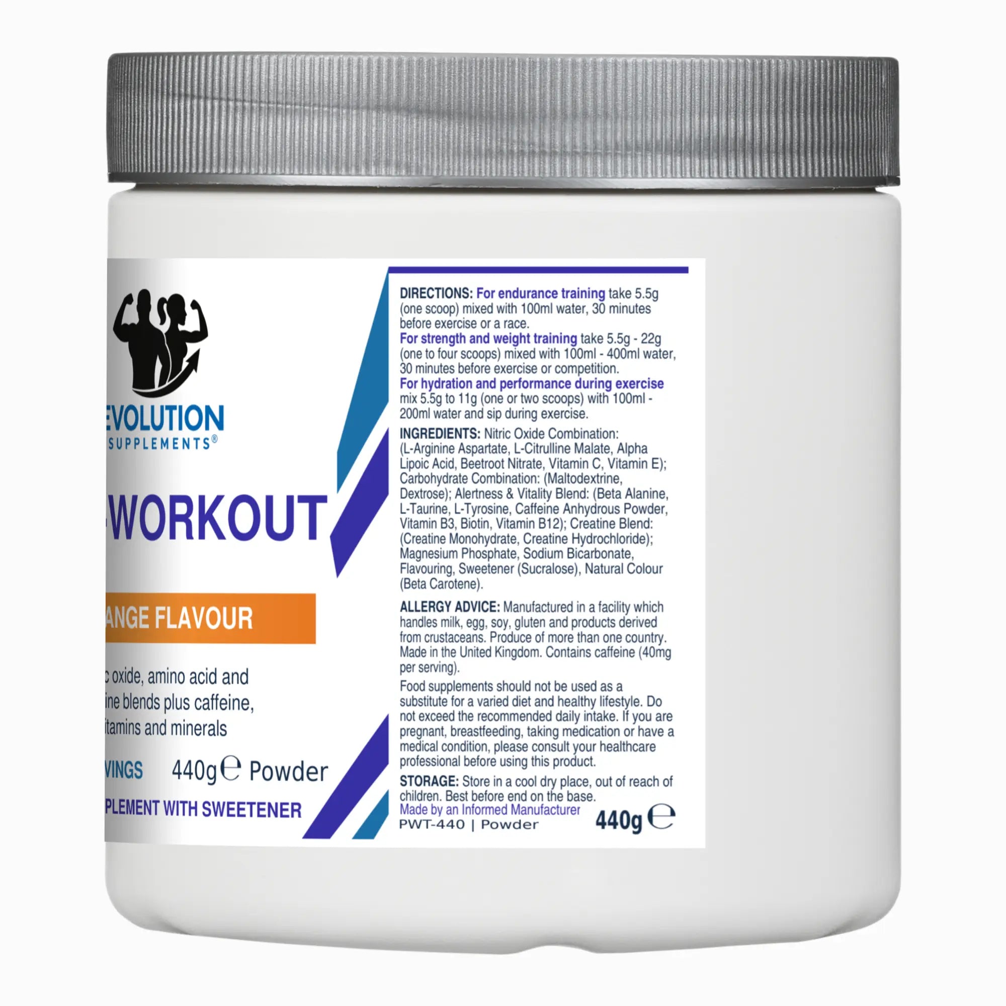 Evolution Supplements Pre-Workout 440g directions, ingredients and allergy advice