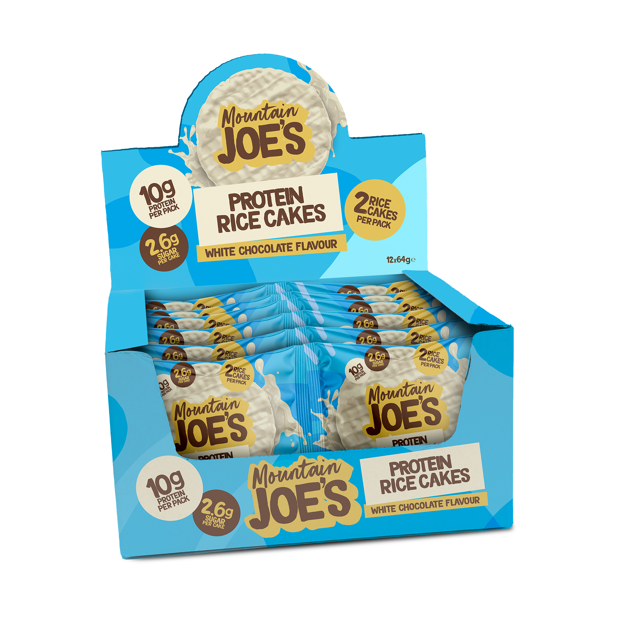 A box of Mountain Joe's White Chocolate Protein Rice Cakes