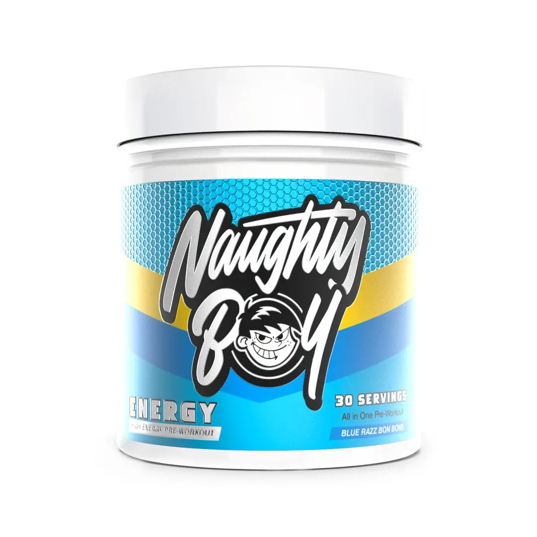 Naughty Boy ENERGY Pre-Workout 390g – Blue Raspberry Bon Bon flavour tub