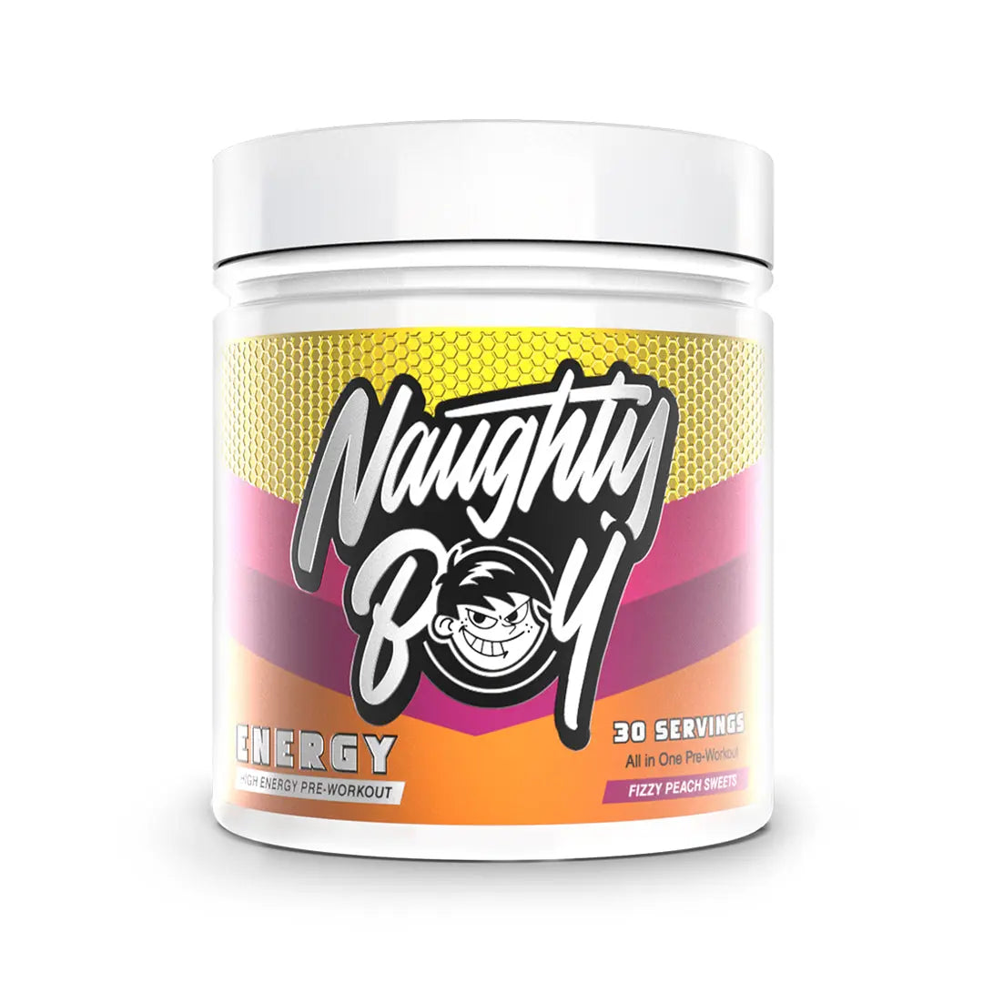 Naughty Boy ENERGY Pre-Workout 390g – Fizzy Peach Sweets flavour tub