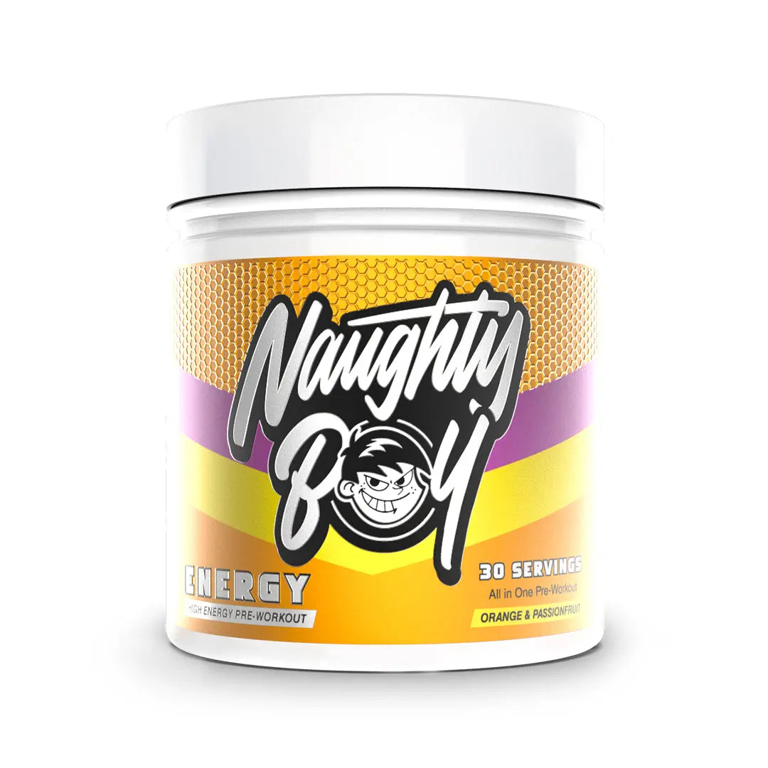 Naughty Boy ENERGY Pre-Workout 390g – Orange & Passionfruit flavour tub
