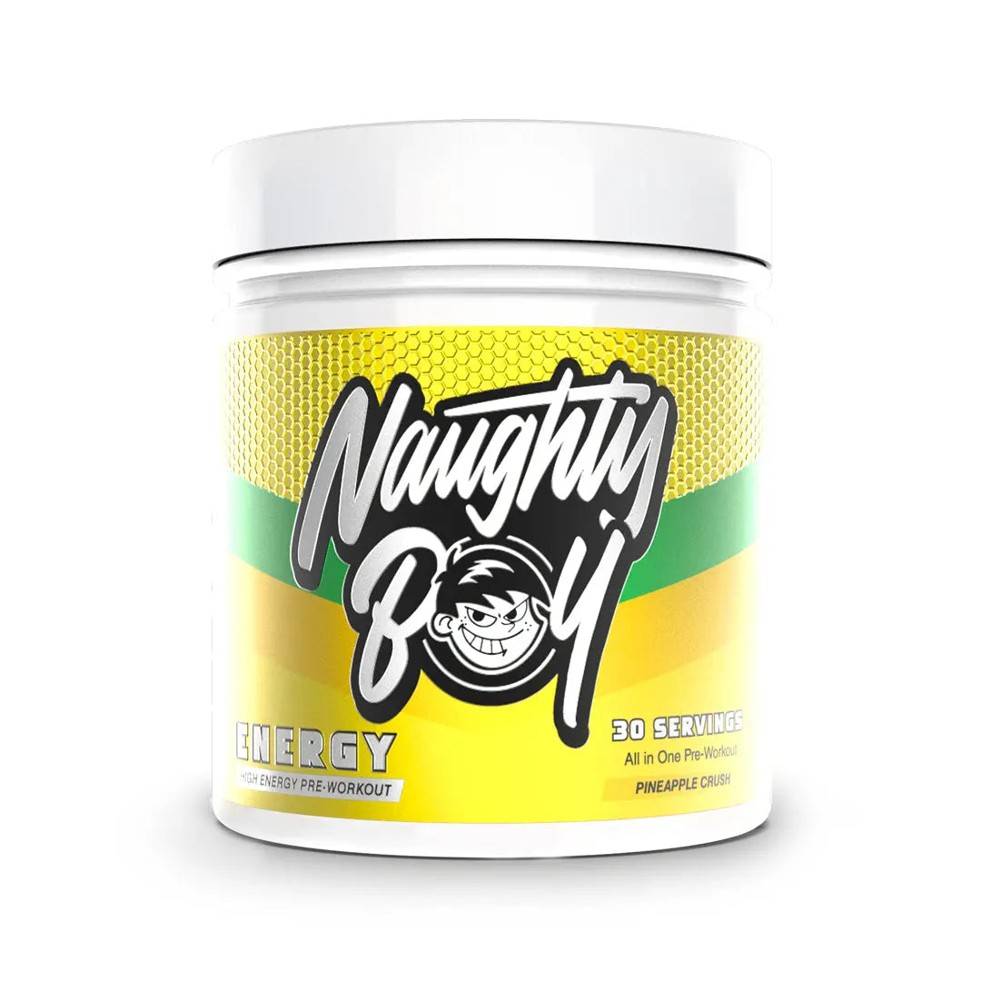 Naughty Boy ENERGY Pre-Workout 390g – Pineapple Crush flavour tub