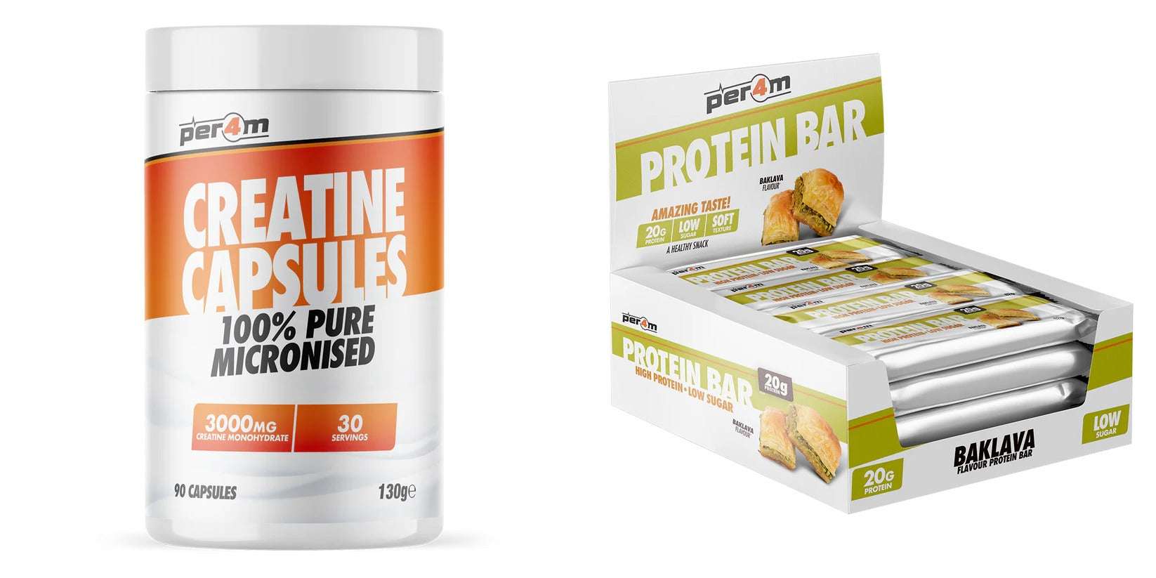 Per4m Creatine 90 Capsules & Per4m Protein Bar 12x62g 'On The Go' Bundle