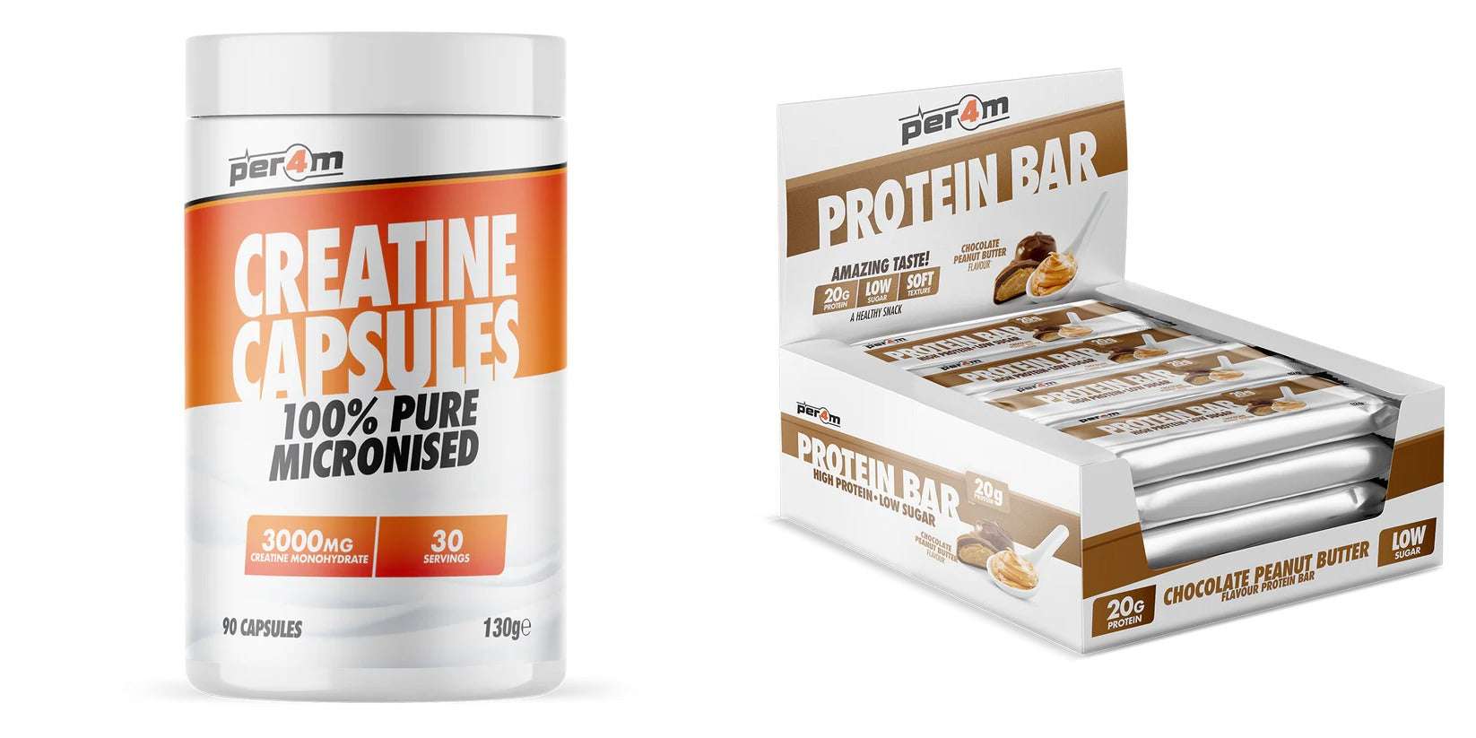 Per4m Creatine 90 Capsules & Per4m Protein Bar 12x62g 'On The Go' Bundle