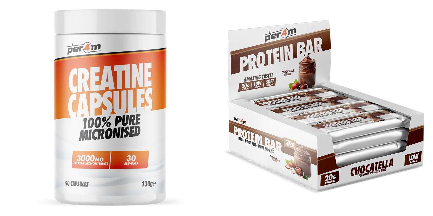 Per4m Creatine 90 Capsules & Per4m Protein Bar 12x62g 'On The Go' Bundle