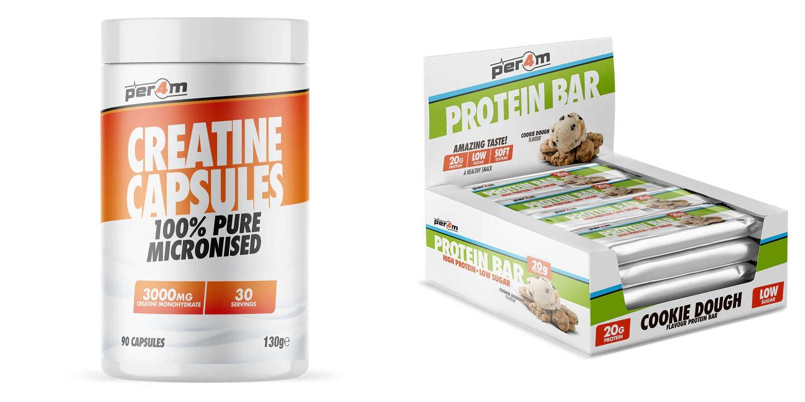 Per4m Creatine 90 Capsules & Per4m Protein Bar 12x62g 'On The Go' Bundle