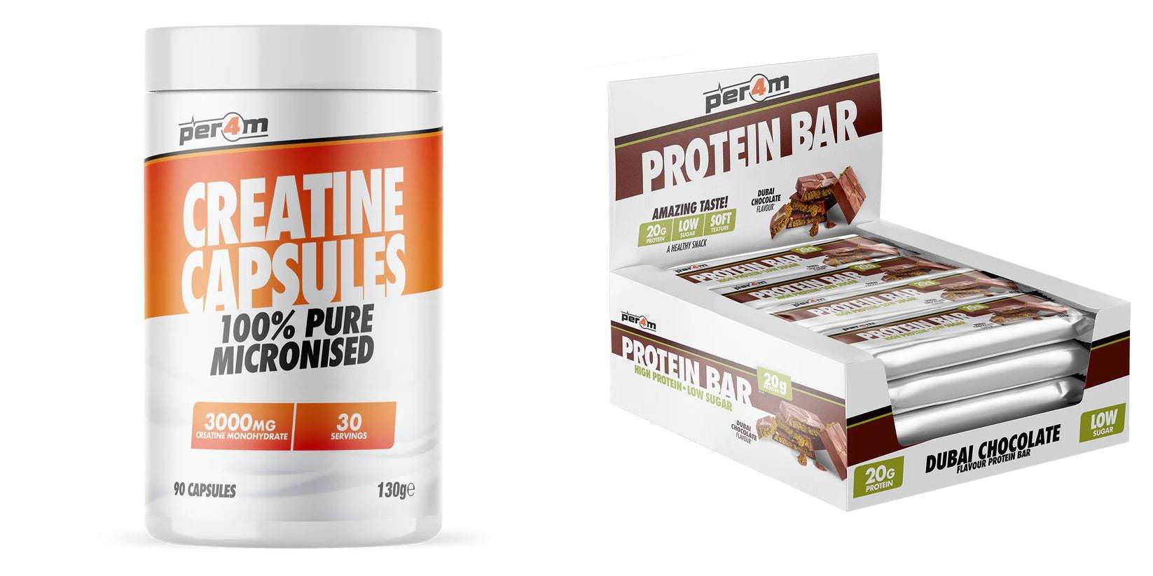 Per4m Creatine 90 Capsules & Per4m Protein Bar 12x62g 'On The Go' Bundle