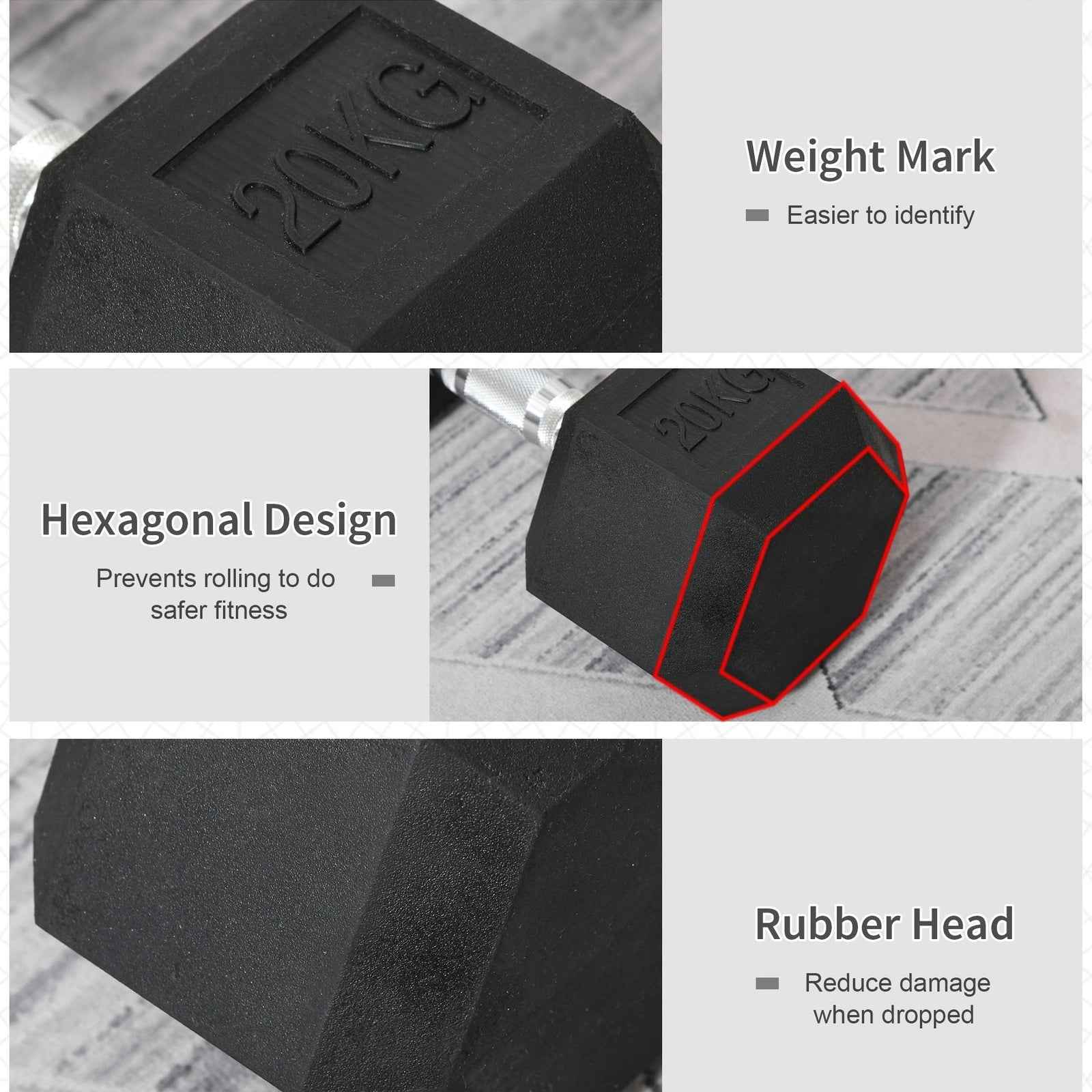 Homcom 20KG Single Rubber Hex Dumbbell Portable Hand Weights Dumbbell Home Gym