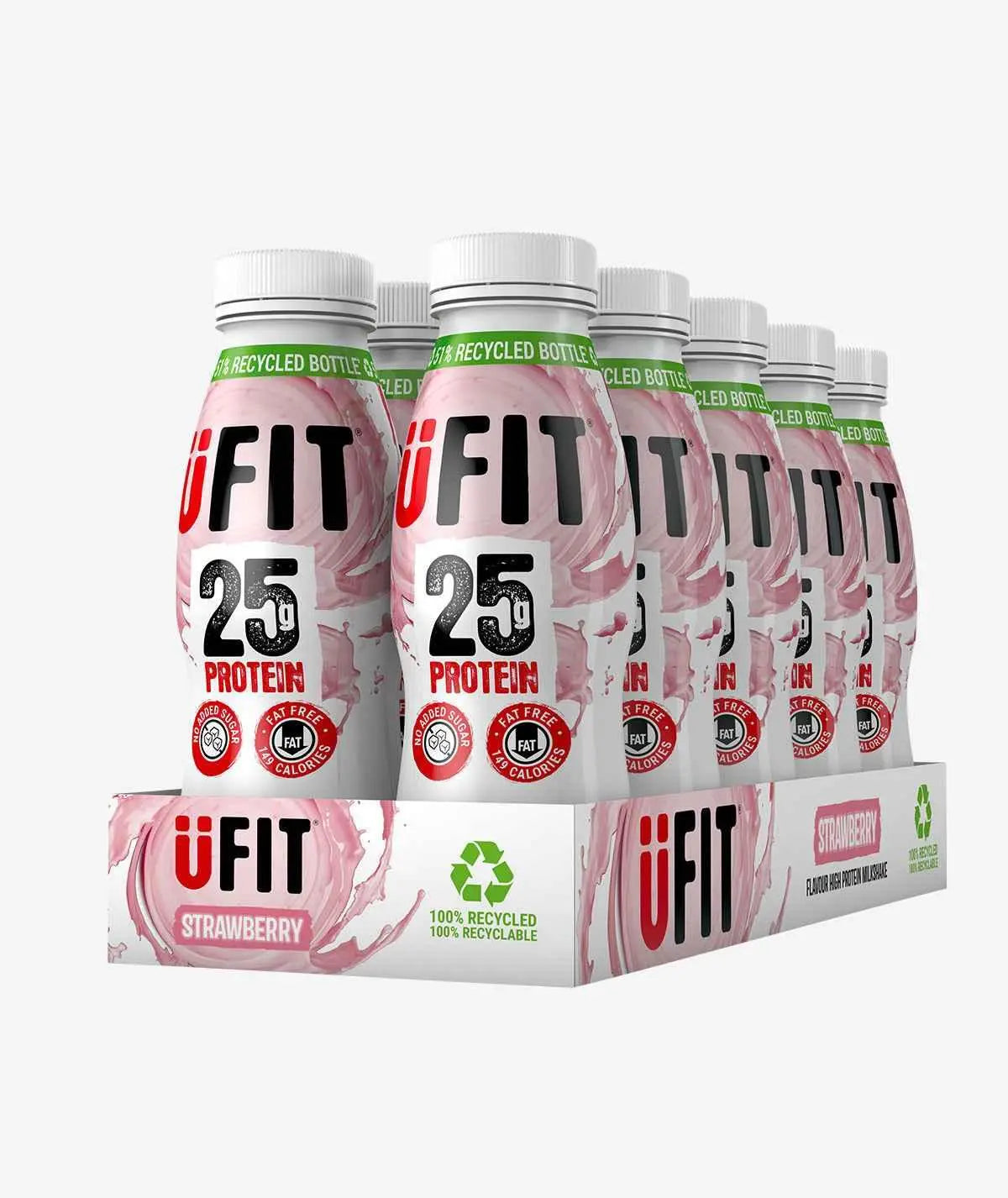 UFIT Strawberry 25g protein shakes in a display tray
